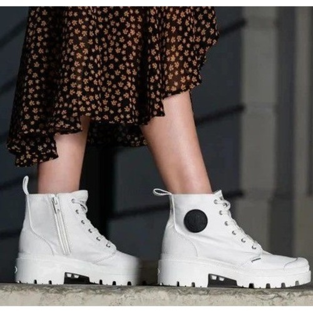 Palladium Twill White Canvas Platform Combat Boots High Top Zip 8